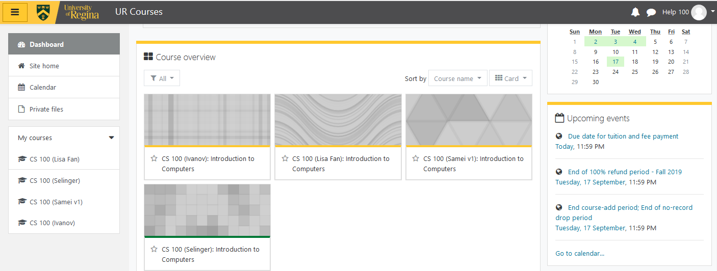 The URCourses course selection screen.  The courses the student is registered for are in the middle