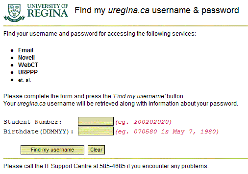 The password recovery screen from information services.  It requires your student number and birthdate to use