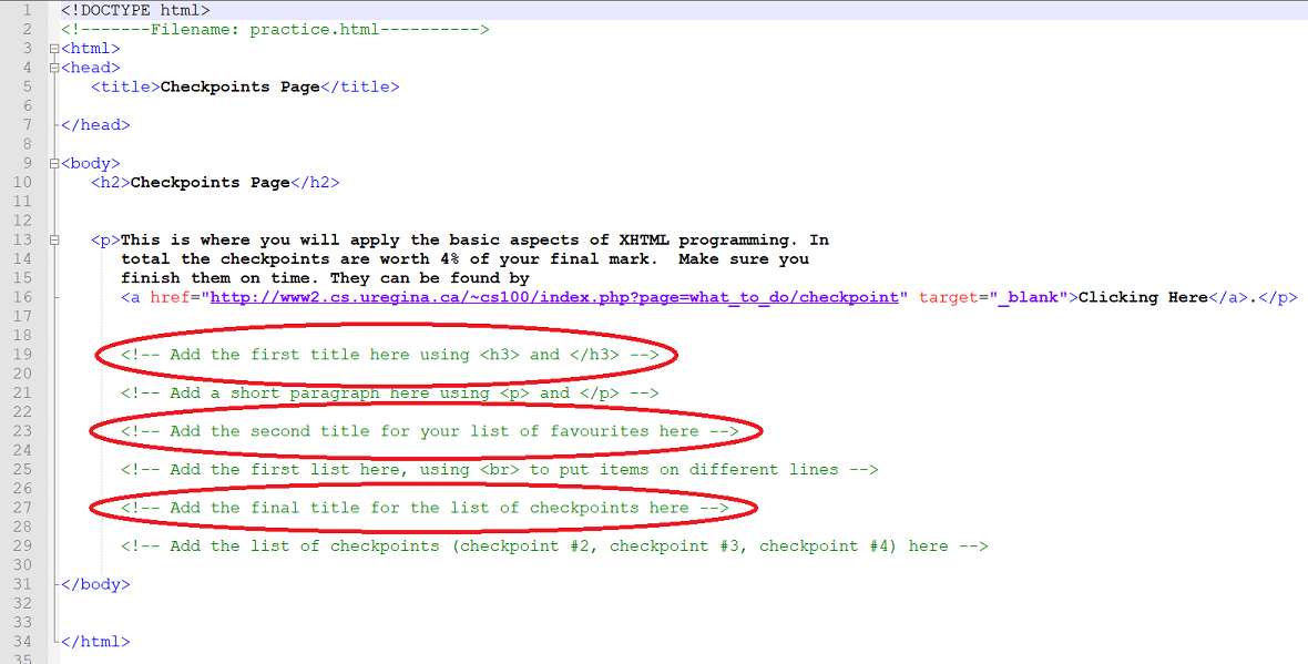 A picture of practice.html in notepad++. The comments giving instructions on where to create the three h3 titles are circled in red