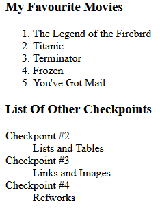 An ordered list of five movies, followed by a definition list of the three checkpoints