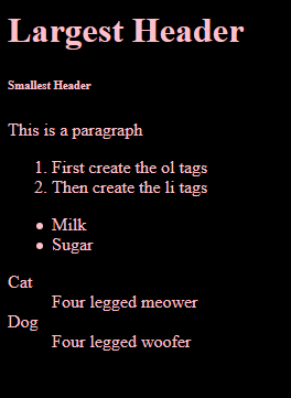 The example now contains an ordered list, denoted by numbers, an unordered list, denoted by symbols, and a definition list, which looks like dictionary entries