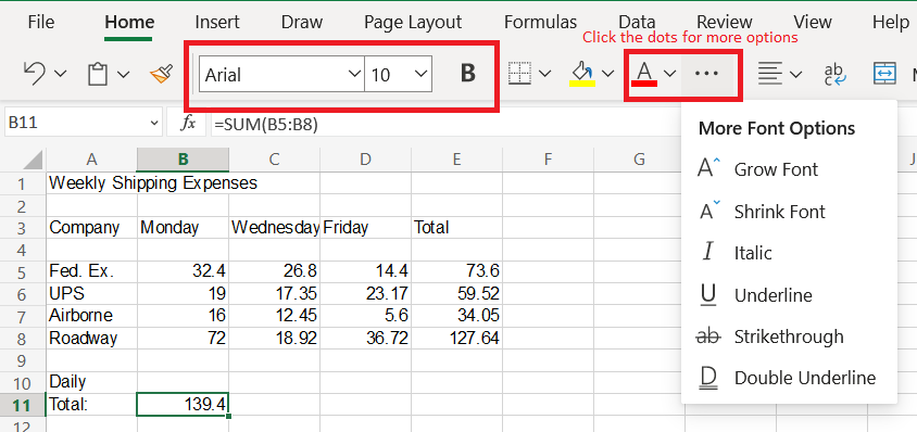 A screenshot of the Excel top bar with the text formatting options highlighted with red squares