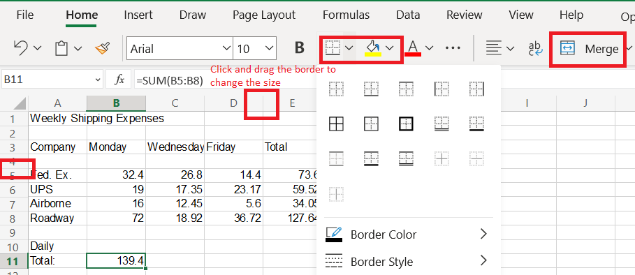 the top toolbar with the cell options for borderes, background fill, and merging in red boxes