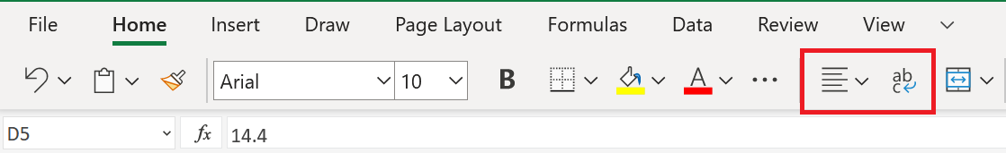 the top toolbar with the text effects for wrapping and alignment in a red box