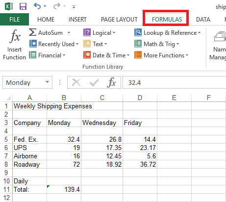 The app version of Excel with the top tab formulas highlighted, showing the function builder in the top left corner