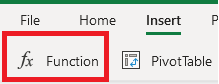 The web version of Excel with the top tab showing insert and the function builder in the top left corner highlighted