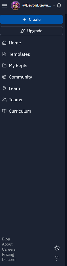 A screenshot of the navigation menu on the left side of the Replit website.  It has buttons labelled create, upgrade, home, template, my repls, community, learn, teams, and curriculum.  At the bottom is a sun icon that changes colour theme.