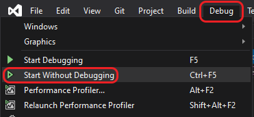 A screenshot of the Debug dropdown in Visual Studio with the option Start Without Debugging highlighted