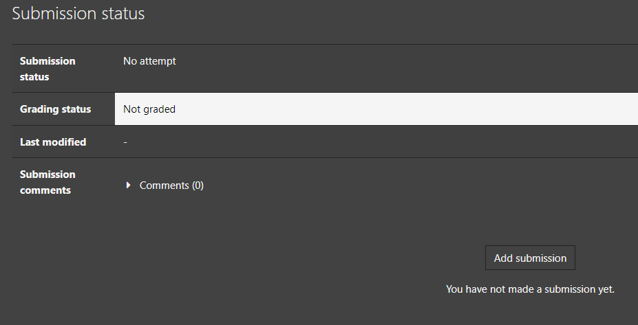A screenshot of the standard submission upload on urcourses. It shows submission status as not attempt, grading status as not graded, last modified as a dash, 
	and no submission comments.  There is a button to add a submission, and a warning saying that there has been no submission yet