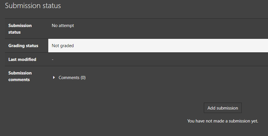 A screenshot of the standard submission upload on urcourses. It shows submission status as not attempt, grading status as not graded, last modified as a dash,
and no submission comments. There is a button to add a submission, and a warning saying that there has been no submission yet
