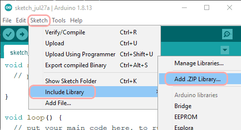 Install ZIP library menu