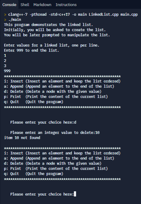 a screenshot of the replit output showing the user trying to remove 10 from the linked list.  Since the item was not found in the list, the program prints item 10 not found