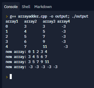 A sample output for lab two showing 4 lines reading newarray, with the last one being -3 -3 -3 -3 -3 after subtractions are finished