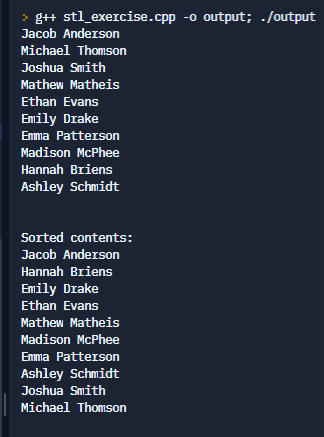 Example output that shows a list of students printed unsorted, then the same list of students printed sorted by last name