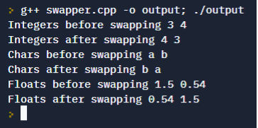 a sample output for lab 3 showing integers 3 and 4 being swapped, chars a and b being swapped, and floats 1.5 and 0.54 being swapped