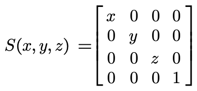 the x, y, and z scaling factors are placed on the diagonal of a 4x4 matrix in the first second and third row respectively